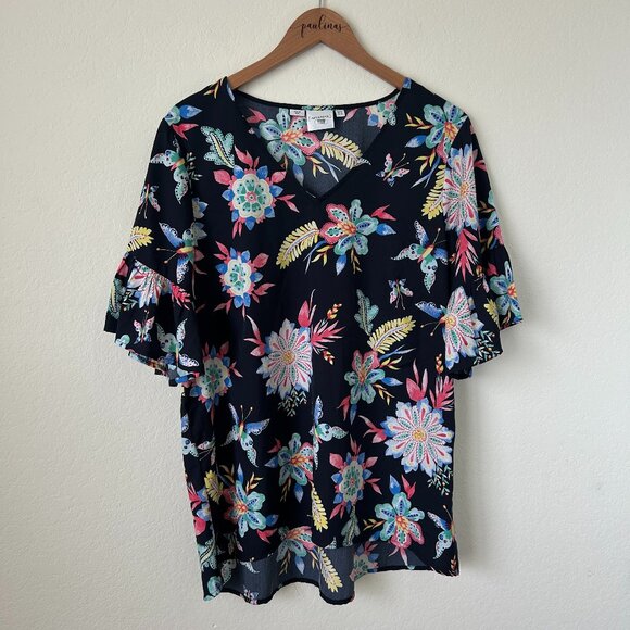 Junarose Top Womens 14 Black Allover Floral Print Short Ruffle Sleeve Blouse - Picture 1 of 7